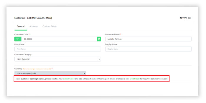 Add opening balance through customer