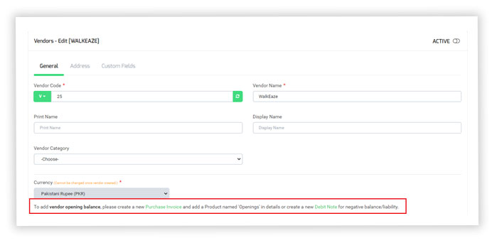Add opening balance through vendor