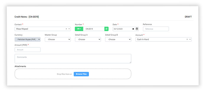 Accounts modification at debit/credit note