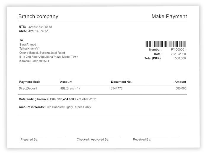 Default signatures at Make payment document 