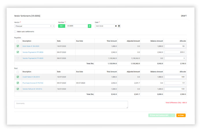 Vendor settlement line fields